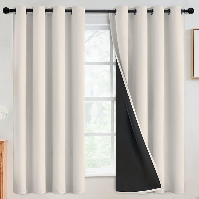 SimpleHome Cream 100% Blackout Curtains Room Darkening Living Room 63 Inch | Curtains for Bedroom,Thermal Insulated Grommet Window Drapes,Curtains for Living Room with Black Back,52 x 63 Inch,2 Panels