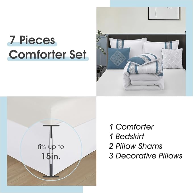 7 Piece Comforter Set, Blue White, Queen Size, Boho Style Geometric Microfiber Embroidery, Bed in a Bag with Bedskirt, Pillow Shams and Decor Pillows