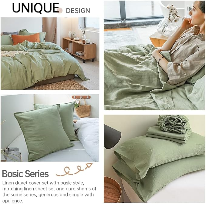Simple&Opulence 100% Linen Duvet Cover Set 3pcs Basic Style Natural French Washed Flax Solid Color Soft Breathable Farmhouse Bedding with Button Closure - Sage Green, King