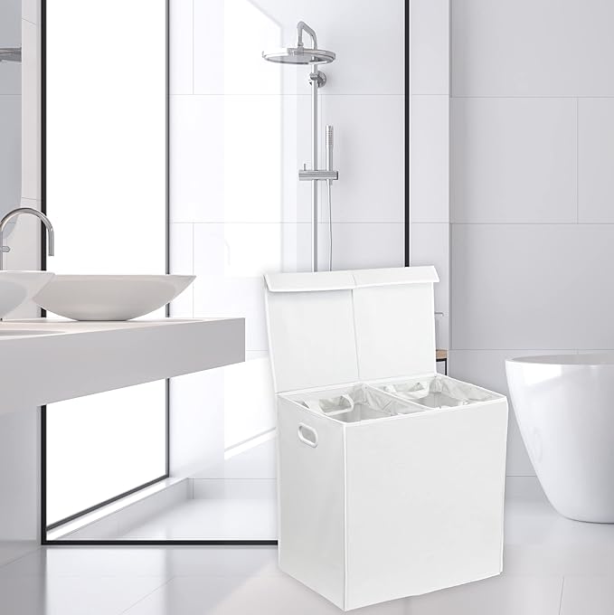 Simple Houseware Double Laundry Hamper with Lid & Removable Bags, White | with Handles for Bedroom, Laundry Room, Bathroom