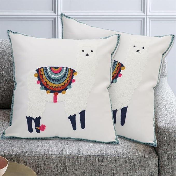 Pack of 2 Embroidered Decorative Throw Pillow Cover 18x18 Inch Farmhouse Floral Pillowcase for Living Room Sofa Bed (White Alpaca)