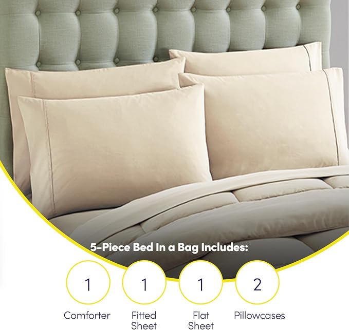 Sweet Home Collection 5 Piece Comforter Set Bag Solid Color All Season Soft Down Alternative Blanket & Luxurious Microfiber Bed Sheets, Beige, Twin