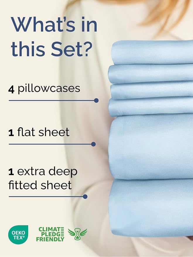 Extra Deep Queen Sheet Set - 6 Piece Breathable Cooling Sheets - Light Blue | Hotel Luxury Bed Sheets Set, Easy & Secure Fit, Ultra-Soft, Wrinkle & Fade Free, Comfy Sheets Set with Extra Deep Pockets