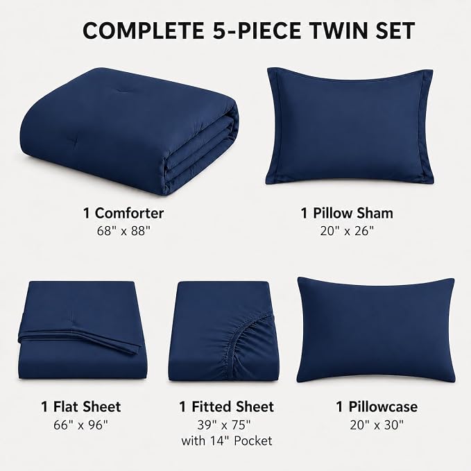 HIMEET Twin Comforter Sets, 5-Piece Point-Quilted Bed in a Bag, Navy Blue | OEKO-TEX Certified, Lightweight 240 GSM Comforter, Flat Sheet, 14-Inch Deep-Pocket Fitted Sheet, Pillowcase & Sham