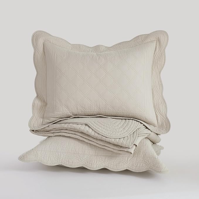 meadow park Quilt Set King Size - 3 Pieces, 100% Cotton Lightweight Coverlet with Diamond Pattern and Scallop Edges, Ultra Soft, Pet-Friendly, All-Season Use, Taupe
