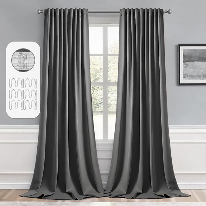 MIULEE Grey Back Tab Blackout Curtains 52x102 Inch Long 2 Panels Set | Rod Pocket Pinch Pleated, Thermal Insulated, Bedroom Living Room Darkening Drapes, Light Blocking Floor to Ceiling Curtains