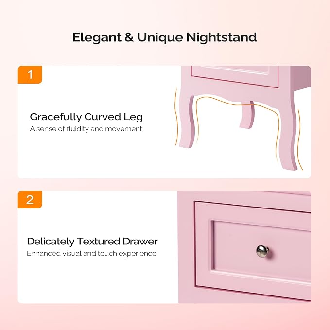 Bonnlo Nightstand with 2 Drawers, Night Stands for Bedrooms, Small Bed Side Table/White Night Stand with Drawers for Small Spaces, College Dorm, Kids’ Room, Living Room, French, 16W x 12D x 24H, Pink
