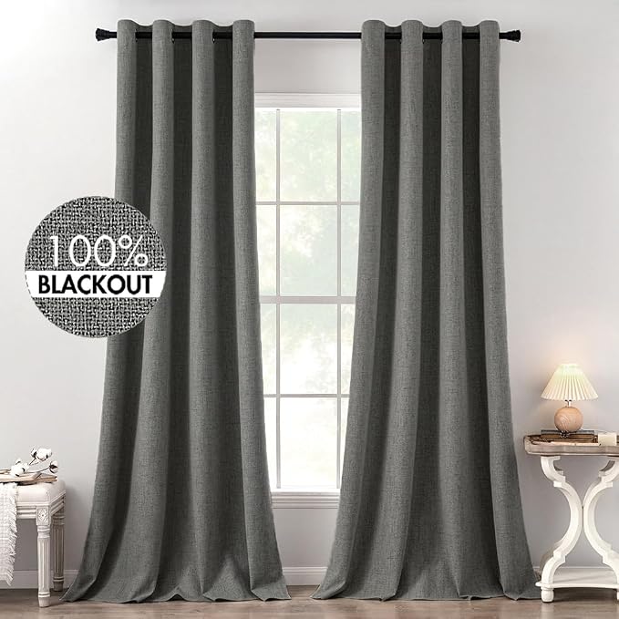 MIULEE 100% Blackout Linen Curtains for Bedroom 52x120 Inches Dark Grey | Room Darkening, Light Blocking, Thermal Insulated, Grommet Top, Linen Textured, Window Curtains for Living Room, 2 Panels
