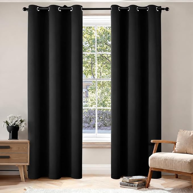 MIULEE Black Blackout Bedroom Curtains 84 Inch Long Light Blocking | Grommet Top, Room Darkening Window Drapes, Privacy Protection, Thermal Insulated, Heat Blocking