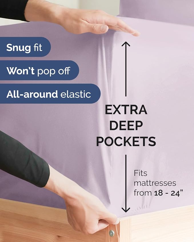 2 Pack Extra Deep Full Fitted Sheets with Deep Pockets - Light Lavender | Hotel Luxury Bottom Fitted Sheets Only, Soft, Fade & Wrinkle Free, Breathable & Comfy, All Around Elastic Fitted Sheets