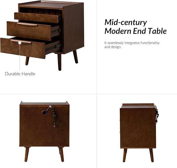 HULALA HOME 2-Drawer End Table with Charge Station, Walnut | Mid-Century Modern Style, Pull-Out Shelf, Wood Legs, Cable Management