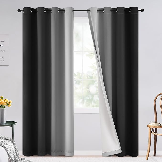 SimpleHome Ombre Black 100% Blackout Bedroom Curtains with White Liner 84L | 84 Inches Long,Room Darkening Thermal Insulated Grommet Curtain for Living Room,Window Gradient Drapes,2 Panels Set,52Wx84L