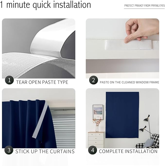 Instant Blackout Window Curtain with Reusable Adhesive, Thermal Insulated Fabric for RV Camper Small Windows, 71" W x 72" L, Navy Blue, 2 Panels