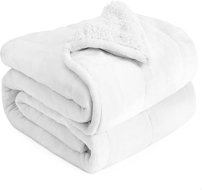 Cottonblue Sherpa Fleece Weighted Blanket for Adults Queen Size 15lbs 60x80 | Soft Cozy Flannel Weighted Blankets Throw for Sleep Calm Relax, Fuzzy Warm Bed Couch Heavy Blanket, Glass Beads, Snow White