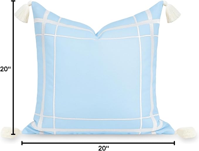 Hofdeco Premium Coastal Patio Indoor Outdoor Throw Pillow Cover Only, 20"x20" Water Repellent for Backyard, Couch, Baby Blue Embroidered Line Frame