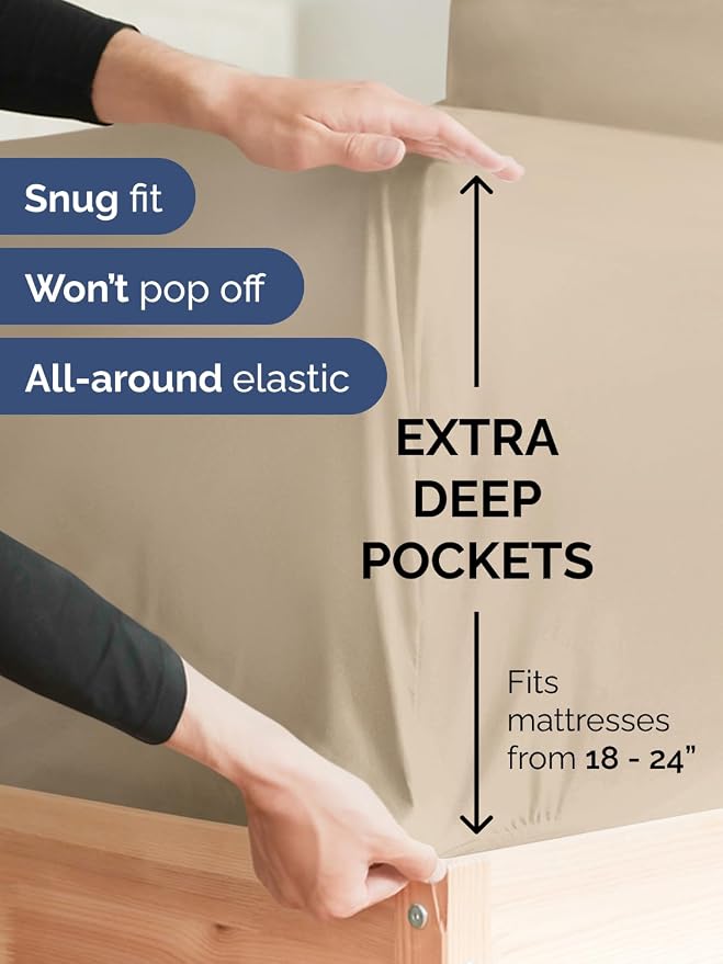 Extra Deep Queen Sheet Set - 4 Piece Breathable, Cooling Bed Sheets - Cream | Easily Fits 18 to 24 inch Mattress - Ultra Soft, Wrinkle & Fade Free with Extra Deep Pockets - Comfy Hotel Luxury Bedding