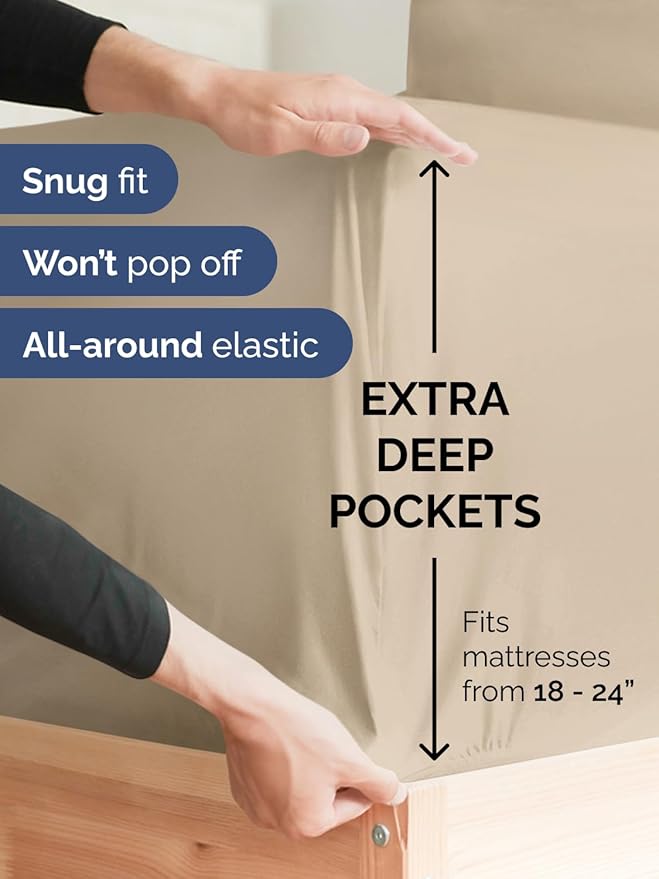 Extra Deep Split King Sheet Set - 5 Piece Breathable Cooling Sheets - Cream | Easily Fits 18 to 24 inch Mattress - Ultra Soft, Wrinkle & Fade Free with Extra Deep Pockets - Comfy Hotel Luxury Bedding