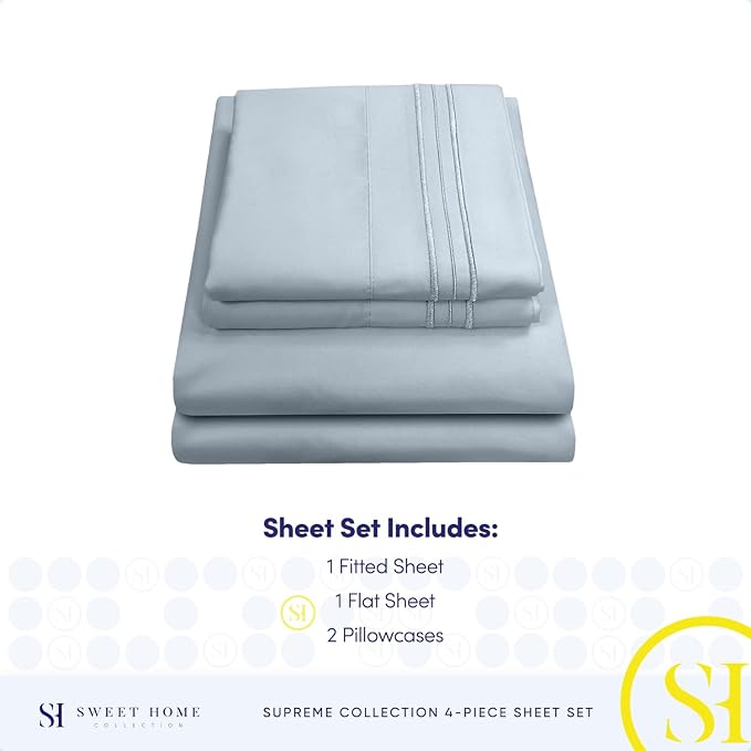 1800 Supreme Collection - Breathable Luxury Full Size Sheet Set with Full Elastic & Secure Corner Straps Built In, Extra Soft Deep Pocket Bedding, Misty Blue