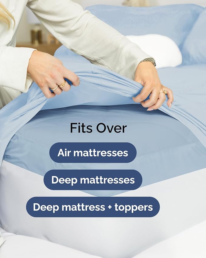Flex Top Split Head King Sheet Set - 4 Piece Extra Deep Sheets - Sky Blue | Easily Fits 18 to 24 inch Mattress, Ultra Soft, Wrinkle & Fade Free with Extra Deep Pockets, Comfy Hotel Luxury Bedding