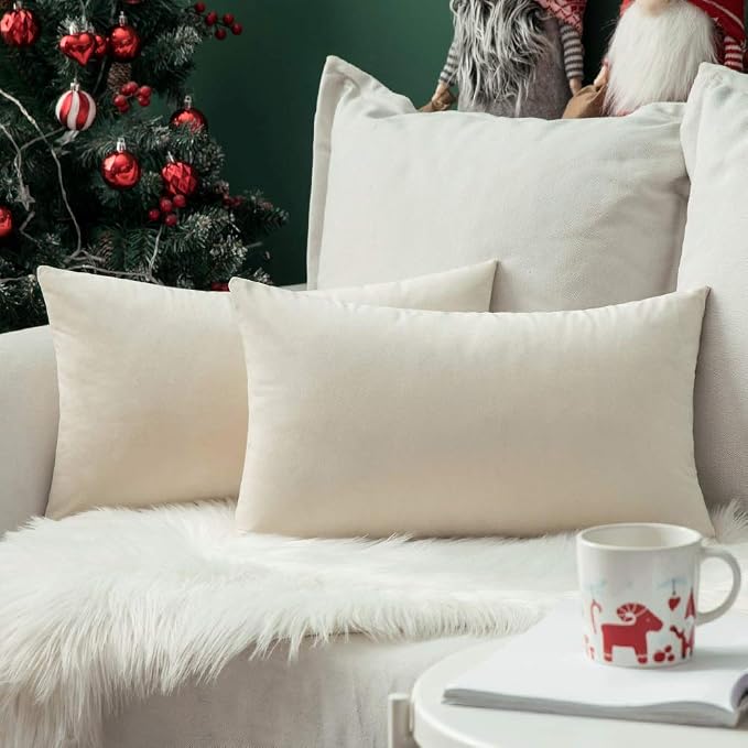 MIULEE 12x20 Inch Lumbar Velvet Throw Pillow Covers Cream White | Pack of 2 Soft Solid Decorative Pillow Covers, Modern Luxury Home Decor, for Chair Couch Sofa Bedroom Livingroom