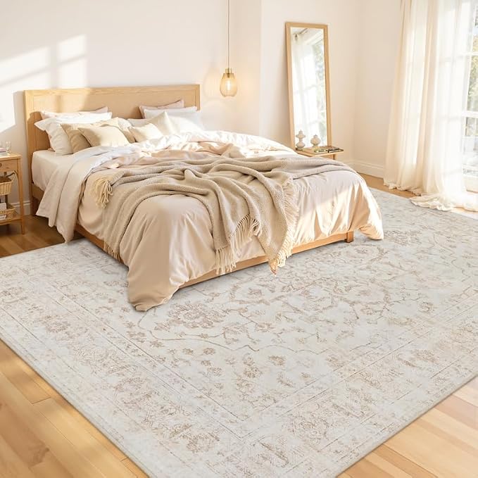 8x10 Area Rugs Living Room: Bedroom Washable Carpet Warm Beige | Vintage Boho Soft Small Indoor Decor Floor Non-Slip Low Pile Neutral Farmhouse Entryway Laundry Bathroom Bedroom Beside Rugs