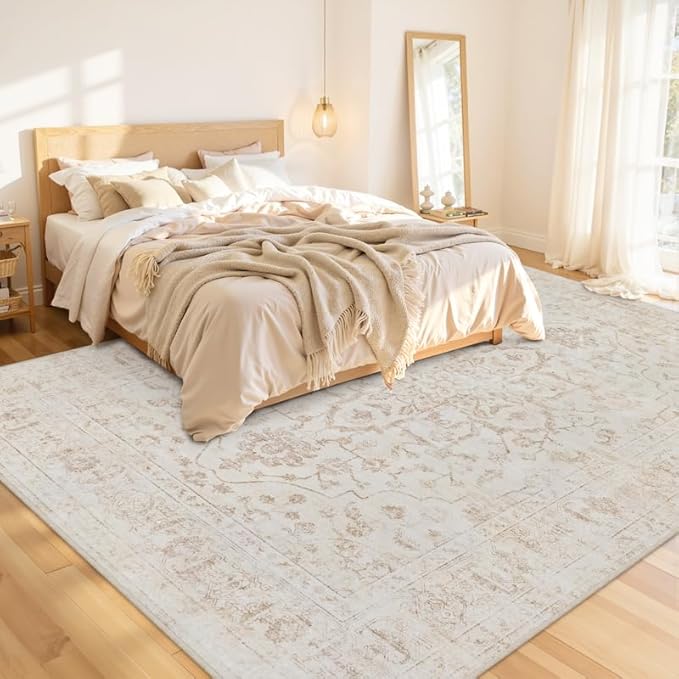 10x12 Area Rugs Living Room: Bedroom Washable Carpet Warm Beige | Vintage Boho Soft Small Indoor Decor Floor Non-Slip Low Pile Neutral Farmhouse Entryway Laundry Bathroom Bedroom Beside Rugs
