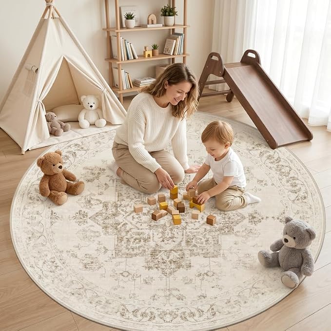 Round Area Rug Living Room: 8ft Washable Carpet Beige/Ivory | Vintage Boho Circle Soft Large Circular Carpet Bedroom Nursery Neutral Dining Room Indoor Decor Floor Non-Slip Under Table