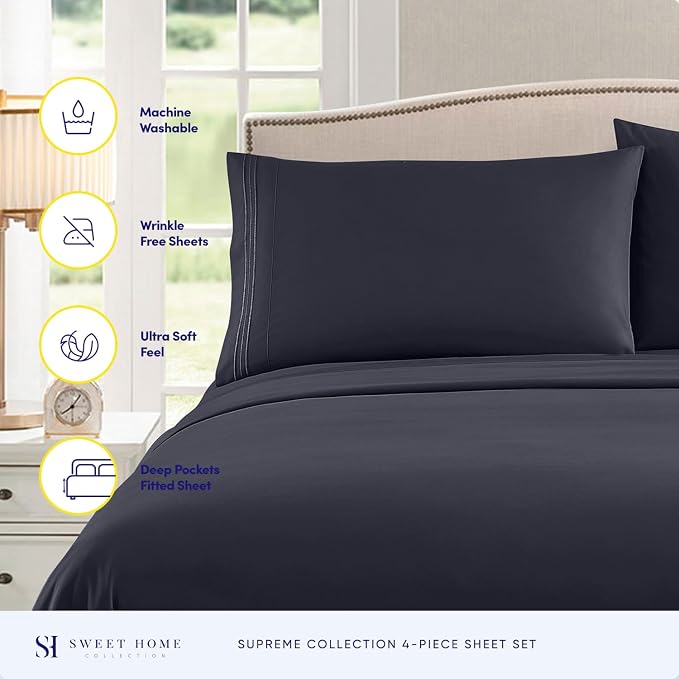 Twin Sheets - Breathable Luxury Sheets with Full Elastic & Secure Corner Straps Built In - 1800 Supreme Collection Extra Soft Deep Pocket Bedding Set, Sheet Set, Twin, Navy