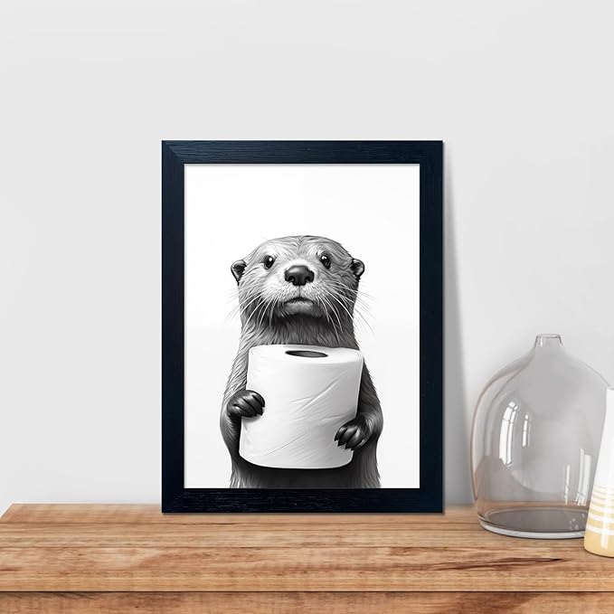 Funny Bathroom Wall Decor Framed Black and White Bathroom Wall Art Toilet Paper in Little Funny Raccoon's Hand Animal Canvas Print Painting Artworks