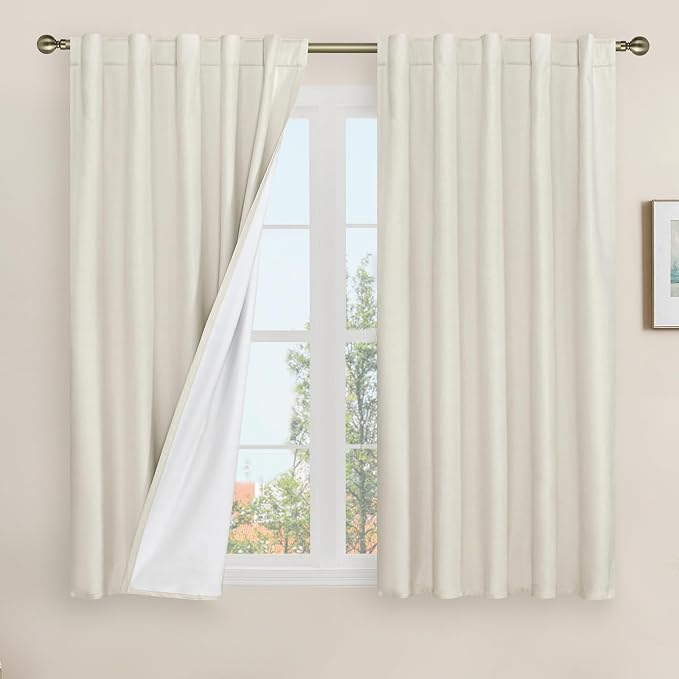 54 Inches 100% Blackout Linen Curtains for Bedroom with White Liner | Linen Textured, Thermal, Room Darkening, Curtains for Farmhouse, Rod Pocket Back Tab Drapes, 2 Panels, 42 x 54 Inch, Ivory