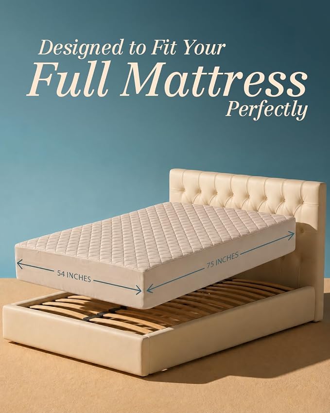 Quilted Mattress Pad, Full Mattress Protector Topper fits 16" Deep, Beige | Soft Breathable Fitted Mattress Cover, Noiseless, Deep Pockets & Machine Washable for Home & Hotels by Utopia Bedding