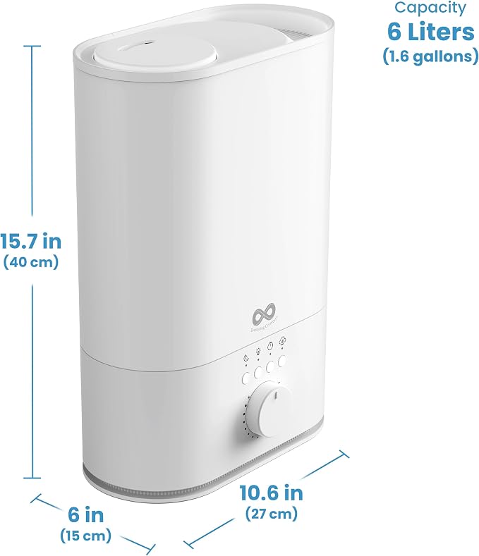 Everlasting Comfort 6L Top Fill Humidifier for Bedroom – Quiet, Easy to Fill & Clean, 60HR Runtime, Night Light, Timer, Ultrasonic Cool Mist, Auto Shut-Off for Indoor Use- White