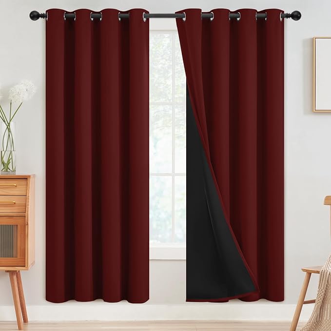 SimpleHome Burgundy Red 100% Blackout Curtains Room Darken Living Room 72 | Curtains for Bedroom,Thermal Insulated Grommet Window Drapes,Curtains for Living Room with Black Back,52 x 72 Inch,2 Panels