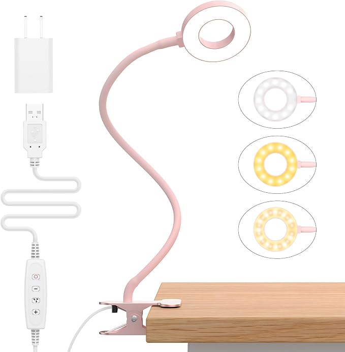 iZELL Desk Lamp, [3 Color Modes & 10 Brightness] LED Reading Light with Clamp, Silicone Flexible Arm Book Light for Kids Reading Book in Bed at Night Clip on Table, Headboard, Dorm - 15.8‘’ Pink