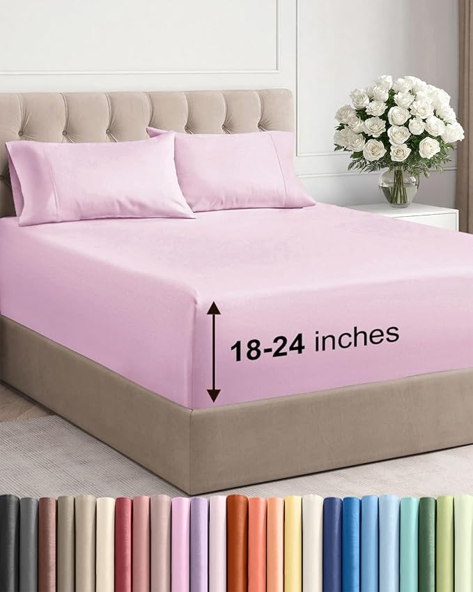 Extra Deep Twin Sheet Set - 4 Piece Breathable Cooling Sheets - Light Pink | Hotel Luxury Bed Sheets Set, Easy & Secure Fit, Ultra-Soft, Wrinkle & Fade Free, Comfy Sheets Set with Extra Deep Pockets