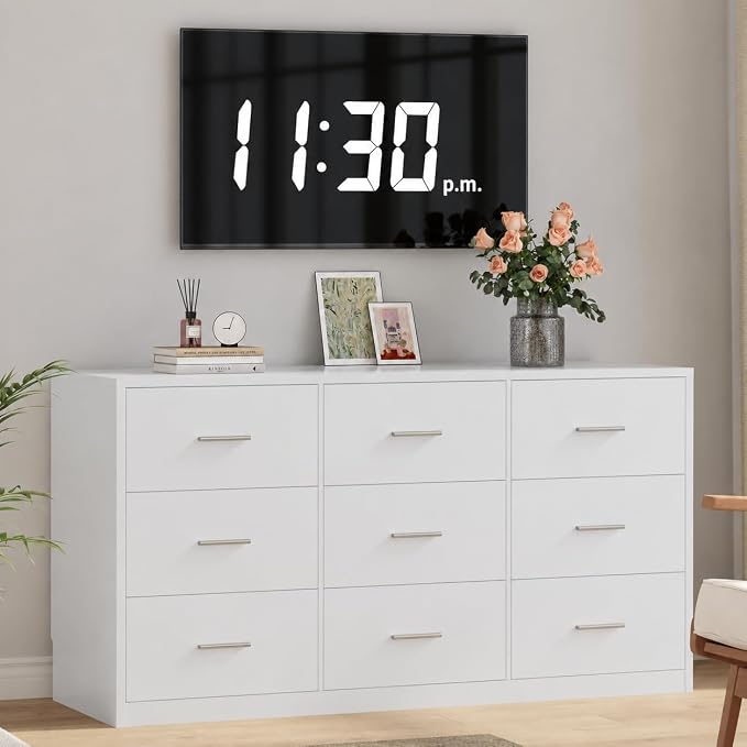 Dresser for Bedroom with 9 Drawers, 14.2"D X 59.1"W X 29.5"H, White | Modern Chest of Drawers with Hidden Drawer,Wood Storage Dresser, Storage Organizer for Living Room, Closet, Hallway