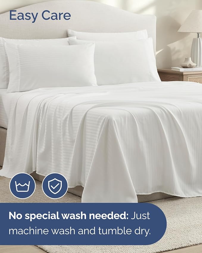 Cal King 6 Piece Bed Sheet Set - Soft, Breathable & Cooling - Striped White | Ultra-Soft Hotel Luxury Bedding Set with 8-16 Inch Deep Pockets, 1 Flat & 1 Fitted Sheet & 4 Pillowcases, Wrinkle & Fade Free