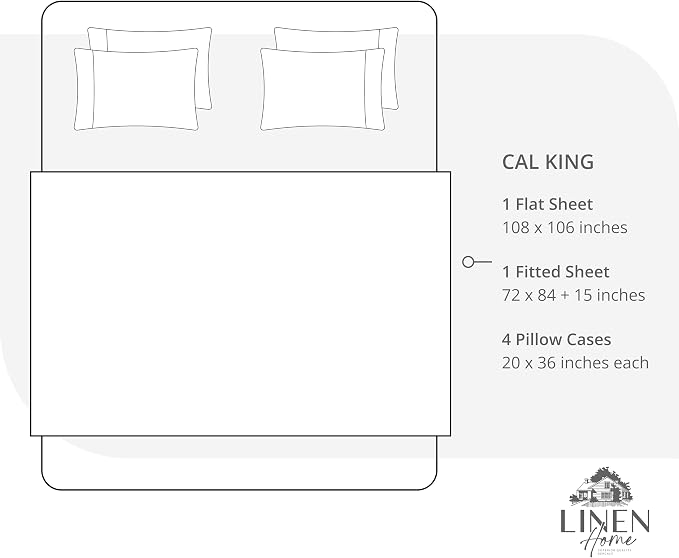 Linen Home 6 Piece California King Sheet Set, 100% Cotton Percale, 4 Pillowcases, Deep Pocket with All Around Elastic Sheet, Crisp Breathable Bedding, Hotel Luxury, Long-Staple Combed Cotton, Ivory