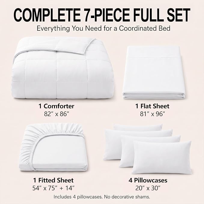 Full Size Comforter Sets White - 7 Pieces Bed in a Bag | OEKO-TEX Certified, All-Season, Bedroom, Guest Room, Down-Alternative Comforter + Flat & Fitted Sheets + 4 Pillowcases