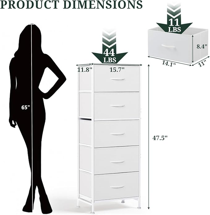 5 Drawers Dresser for Bedroom Fabric Storage Tower with Wooden Top | Steel Frame Tall Chest of Drawers for Closet, Entryway, Dorm, White