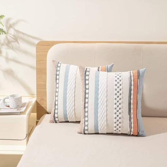Boho Throw Pillow Covers Decorative Neutral Farmhouse Pillow case | 18x18 Set of 2 Cushion Case Striped Square Pillows Cover Couch Pillow Cases Accent Pillowcase for Sofa Bed,Orange Blue