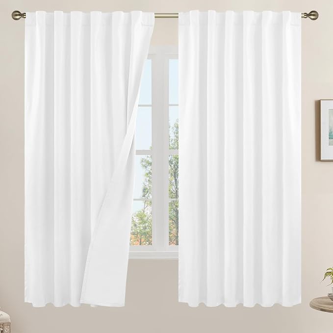 68 Inch Full Blackout Linen Curtains for Living Room 2 Panels | White, Bedroom Window Drapes, Room Darkening, Privacy Protected Panels, Rod Pocket Back Tab, with White Liner, 52 x 68 Inch