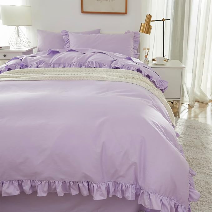 Brandream Kid's Duvet Cover Twin/Twin XL Size 100% Cotton 2pcs Girl Bedding Duvet Cover Shams Set, Delicate Ruffle Fringe Solid Color Soft and Breathable (Purple)