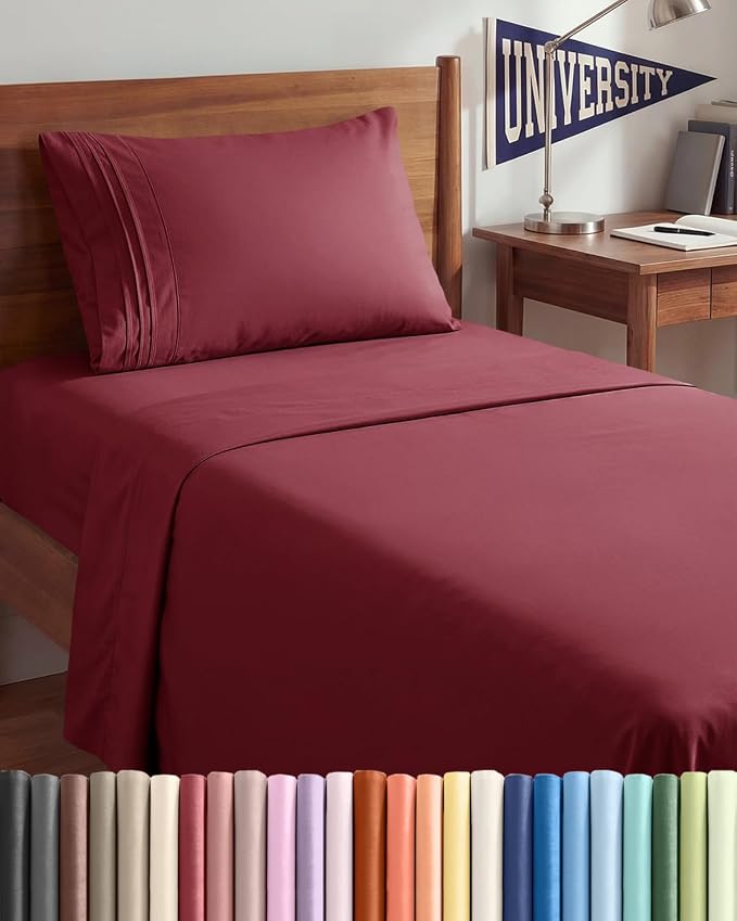Twin XL 3 Piece Sheet Set - College Dorm Room Essentials - Burgundy | Deep Pocket Bed Sheets for Women, Men, Teens & Students, Soft, Cooling, Breathable & Wrinkle Free, Oeko-Tex Bed Sheet Set