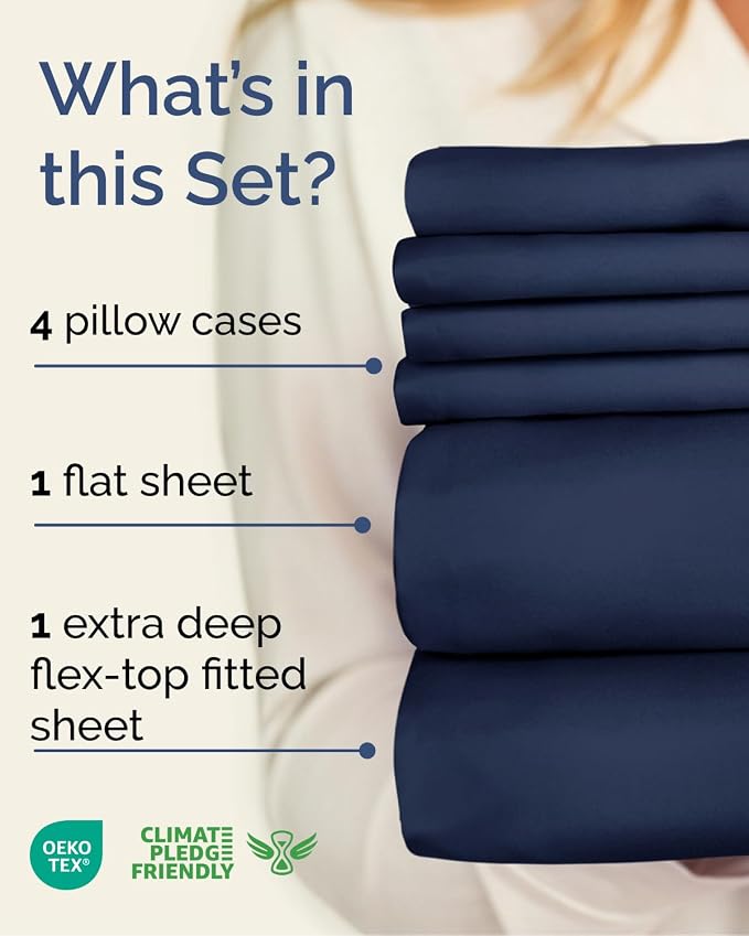 Extra Deep Flex Top Split Head King Sheet Set - 6 Piece Breathable and Cooling Sheets - Hotel Luxury Bedding for Women, Men, Kids & Teens - Easy Secure Fit - Extra Deep Pockets - Navy Blue