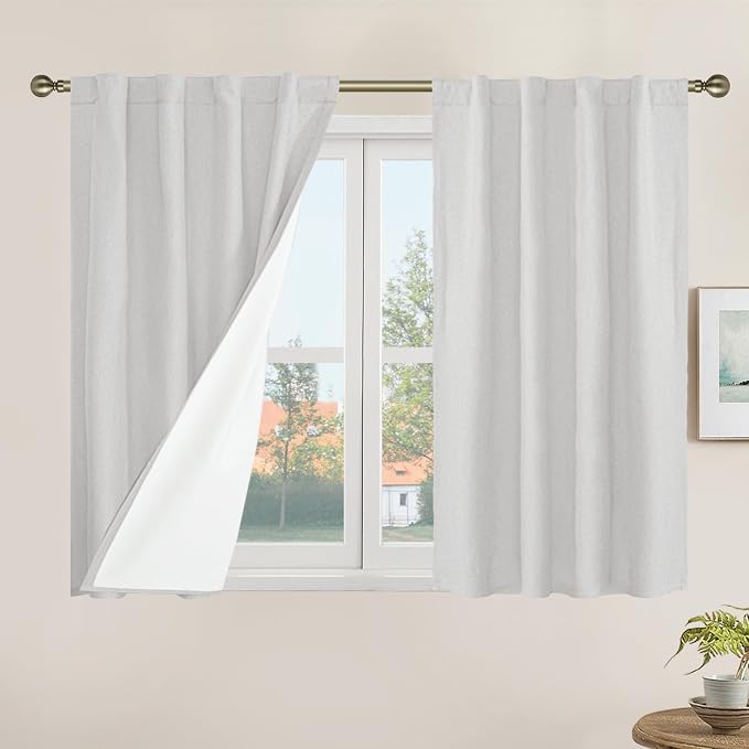 Short Linen Curtains 40 Inches Long for Small Window with White Liner | Thermal, 100% Blackout Curtains, Privacy, Kitchen, Drapes for Cafe, Rod Pocket Back Tab, 2 Panels, 34 x 40 Inch, Light Grey
