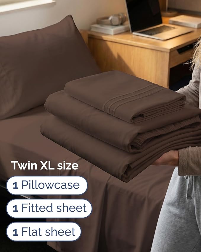 Twin XL 3 Piece Sheet Set - College Dorm Room Essentials - Brown | Deep Pocket Bed Sheets for Women, Men, Teens & Students, Soft, Cooling, Breathable & Wrinkle Free, Oeko-Tex Bed Sheet Set