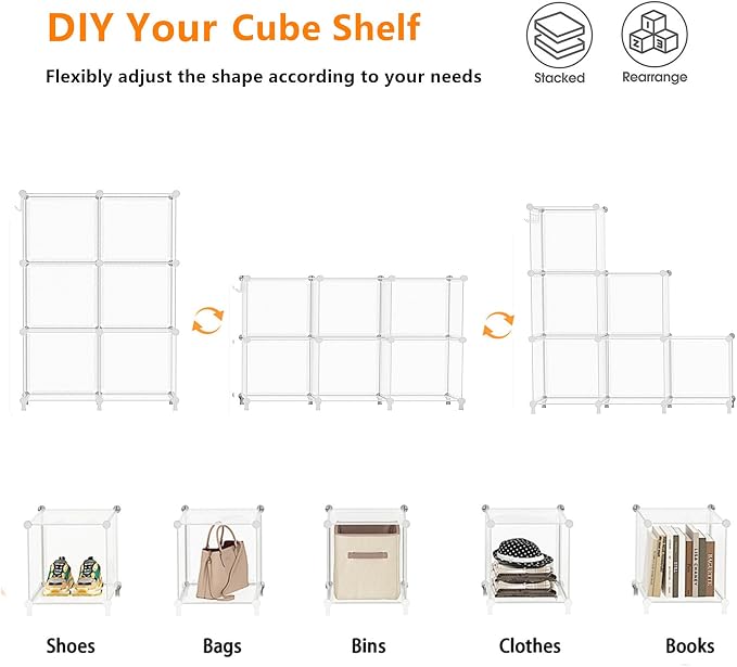 AWTATOS Cube Storage Organizer, Closet Organizers, 6 Cube Shelf, Clear | Portable Closet Storage Shelves, DIY Stackable Storage Cubes Bookshelf, Plastic Clothes Organizer Shelving for Bedroom, Home