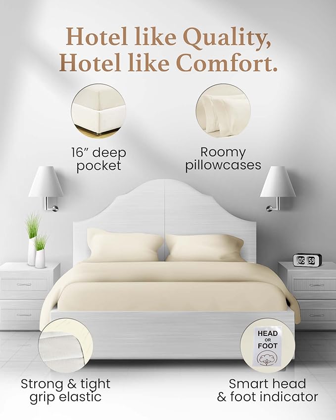 Good Sleep Bedding Split King Sheets Sets for Adjustable Bed, 5 Piece, 100% Egyptian Cotton Bed Sheets for Adjustable Bed, Sateen Weave, 16 Inch Deep Pocket Bed Sheet - Ivory