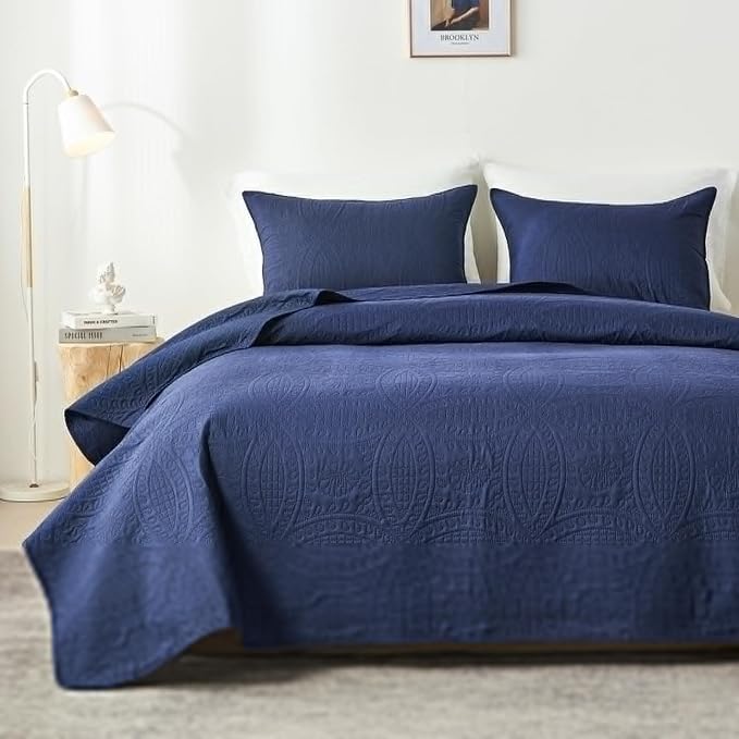 akkialla 118"x106" Navy California King Quilt Set, Oversized Floor-Length Bedspread, Modern Coin Pattern Microfiber Coverlet, 3-Piece All Season Bedding with 2 Pillow Shams